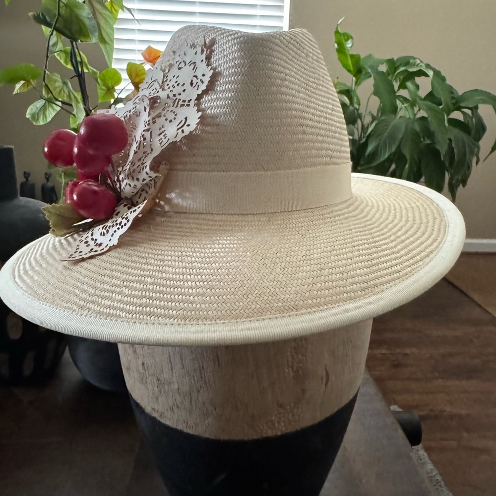 EUC Louise Green cream fedora cherry straw hat - Picture 9 of 16